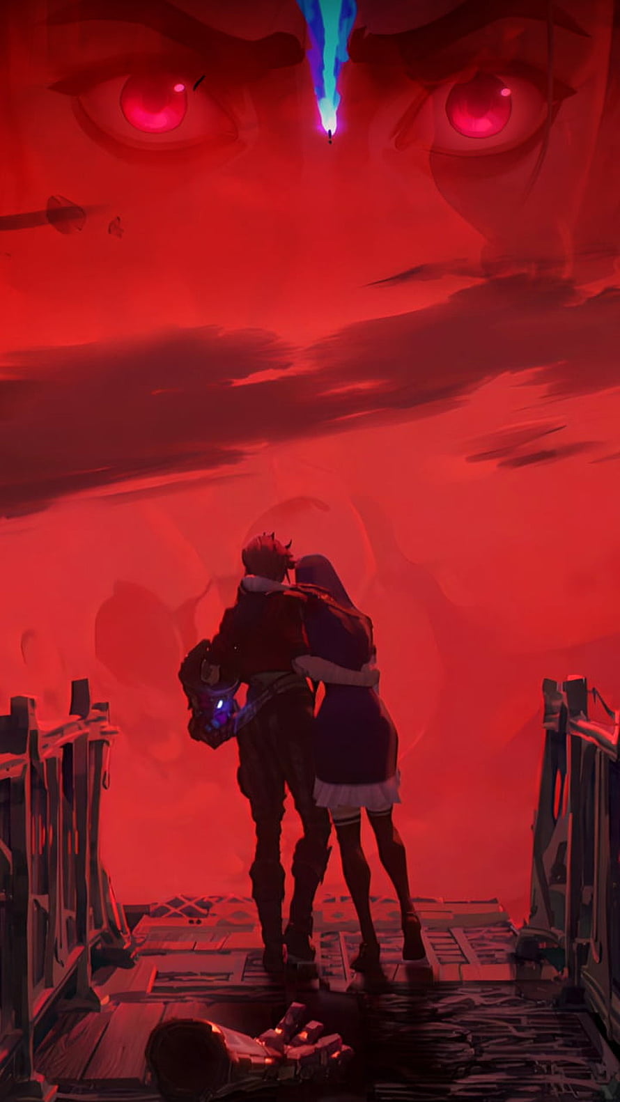 Arcane Jinx and Vi Embrace Under a Crimson Sky with Glowing Red Eyes HD phone wallpaper