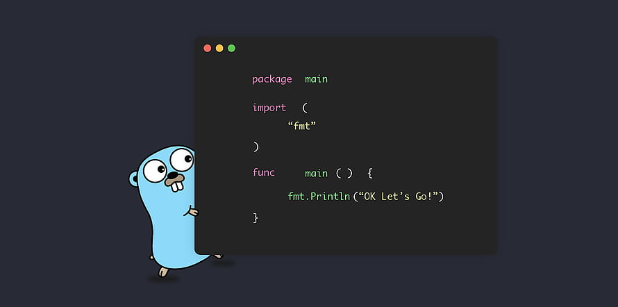 Golang Gopher Mascot Presenting Hello World Code in Dark Terminal Window HD wallpaper
