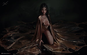 WLOP Digital Art: Kneeling Woman in Flowing Gold Sequin Cape Against Dark Background, Princess, dark, black, wlop, art, girl HD wallpaper