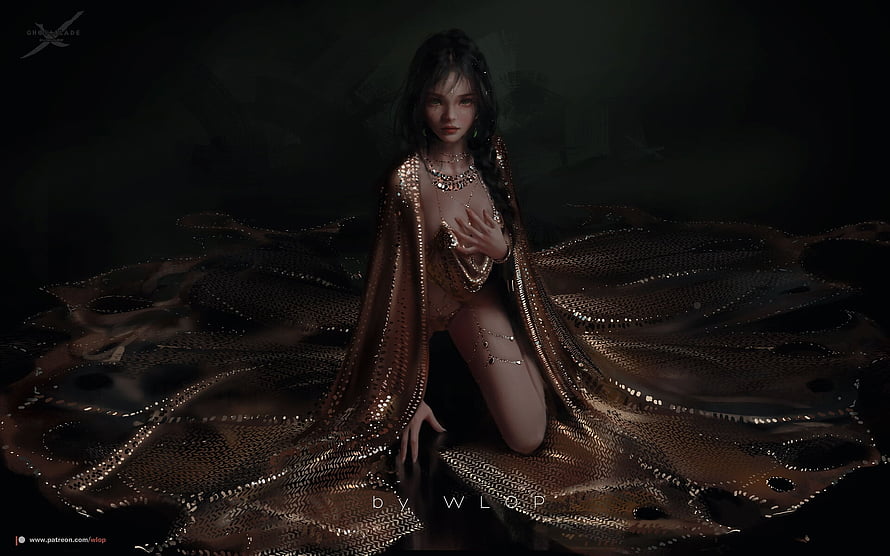 WLOP Digital Art: Kneeling Woman in Flowing Gold Sequin Cape Against Dark Background, Princess, dark, black, wlop, art, girl HD wallpaper
