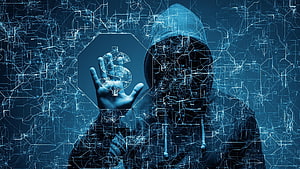Hooded Hacker Holding Digital Dollar Sign in Blue Circuit Network HD wallpaper