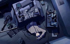 Overhead View of a Person Sleeping on the Floor in a Cluttered Anime Room HD wallpaper