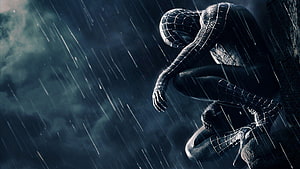 Spider-Man Crouching in Heavy Rain with Moody Blue Tones and Dramatic Lighting, Spider Man Sad HD wallpaper