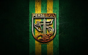 Persebaya Surabaya FC Emblem on Textured Green and Gold Striped Background HD wallpaper
