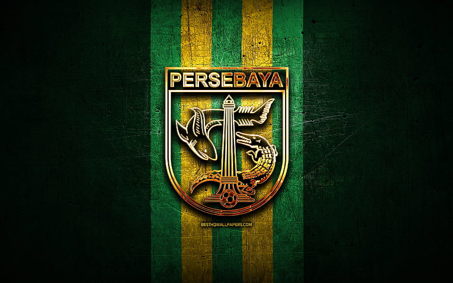 Persebaya Surabaya FC Emblem on Textured Green and Gold Striped Background HD wallpaper