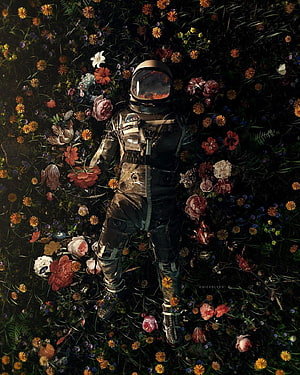 Astronaut Lying in a Dark Field of Wildflowers and Roses HD phone wallpaper