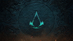 Assassin's Creed Valhalla Emblem on Carved Stone with Norse Runes and Glowing Teal Symbol HD wallpaper