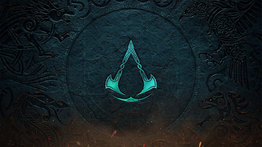 Assassin's Creed Valhalla Emblem on Carved Stone with Norse Runes and Glowing Teal Symbol HD wallpaper