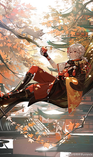 Kaedehara Kazuha from Genshin Impact relaxing under autumn maple leaves with a white cat HD phone wallpaper