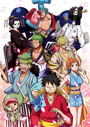 One Piece Straw Hat Crew in Traditional Japanese Kimono with Cherry Blossoms HD phone wallpaper
