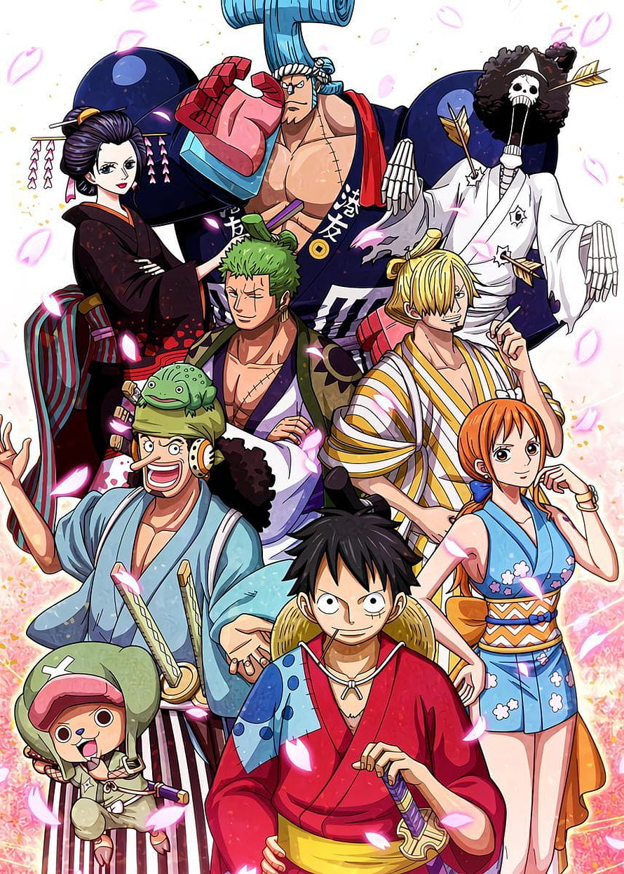 One Piece Straw Hat Crew in Traditional Japanese Kimono with Cherry Blossoms HD phone wallpaper