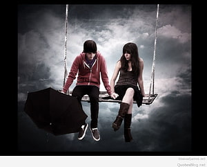 Sad Couple Sitting on a Swing in the Sky with an Umbrella HD wallpaper