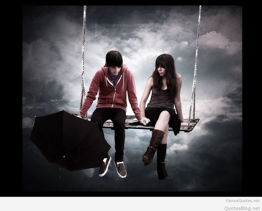 Sad Couple Sitting on a Swing in the Sky with an Umbrella HD wallpaper