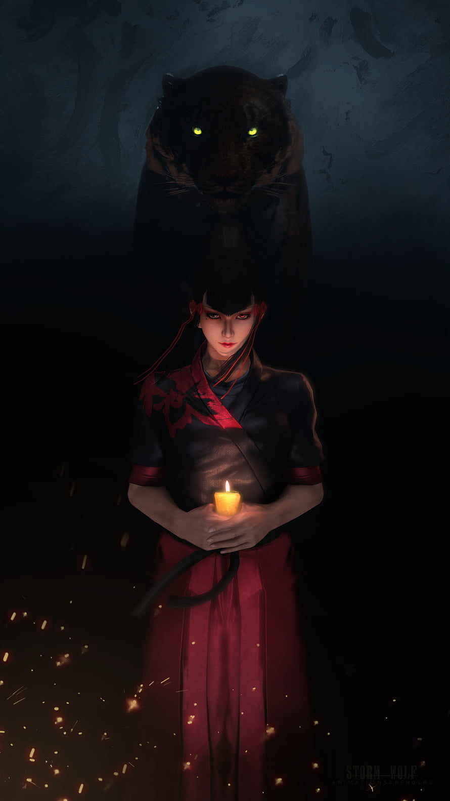 Kazumi Mishima from Tekken 7 holding a candle with a shadowy panther looming behind her HD phone wallpaper