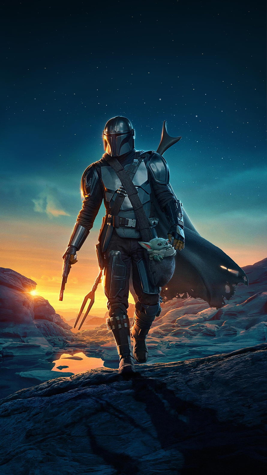 The Mandalorian and Grogu Walking on Rocky Terrain at Sunset, The Mandalorian (2022) movie HD phone wallpaper