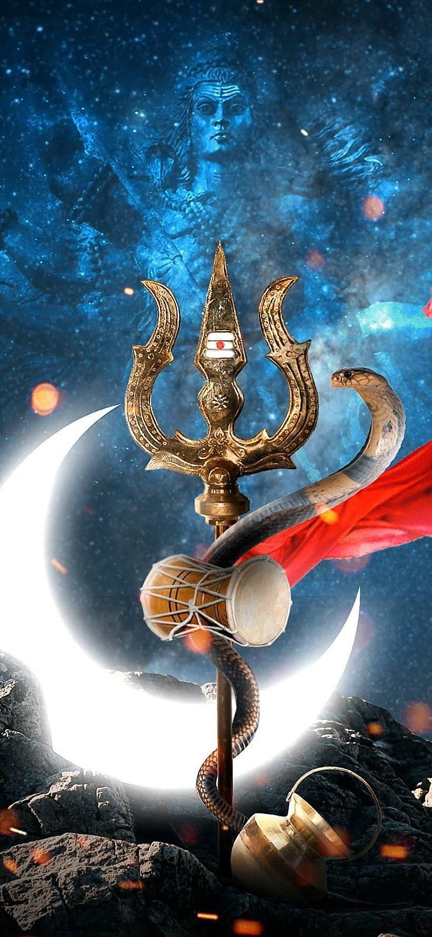 Lord Shiva Trishul Wallpaper With Cobra, Crescent Moon, and Cosmic Background HD phone wallpaper