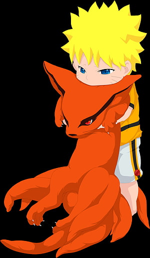 Naruto Uzumaki Hugging Kurama Nine-Tails Fox Anime Illustration HD phone wallpaper