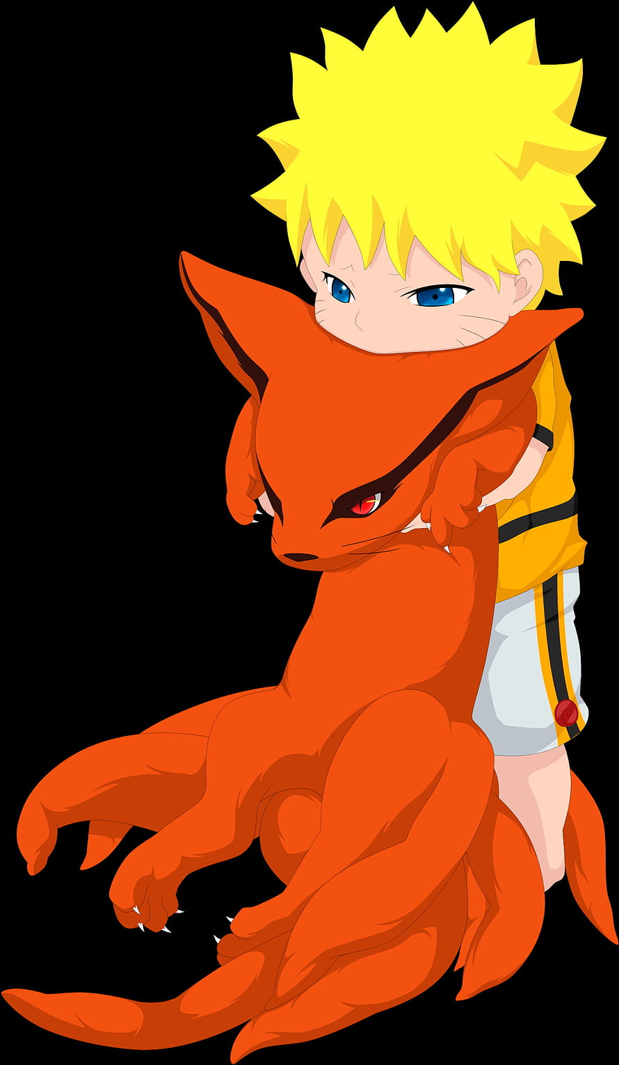 Naruto Uzumaki Hugging Kurama Nine-Tails Fox Anime Illustration HD phone wallpaper