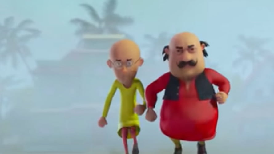 Motu Patlu 3D Animated Characters Running Together on a Tropical Island Background HD wallpaper