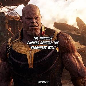 Thanos in Golden Armor on a Wasteland Battlefield with Motivational Quote Overlay HD phone wallpaper
