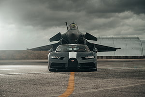 Bugatti Chiron Sport Les Légendes du Ciel with Dassault Rafale Jet on Airfield HD wallpaper