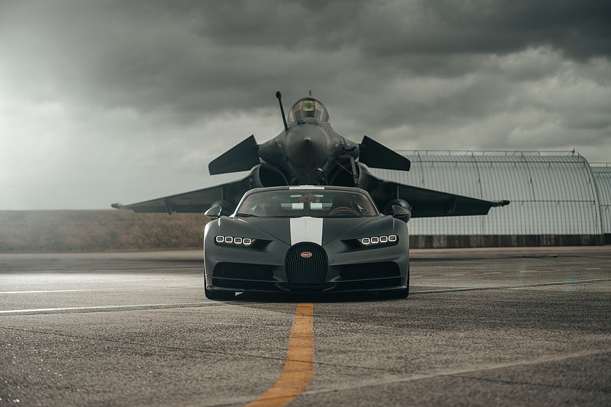 Bugatti Chiron Sport Les Légendes du Ciel with Dassault Rafale Jet on Airfield HD wallpaper