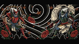 Fujin and Raijin Japanese Wind Gods in Traditional Tattoo Style Illustration HD wallpaper