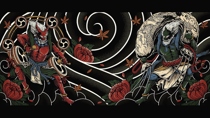 Fujin and Raijin Japanese Wind Gods in Traditional Tattoo Style Illustration HD wallpaper