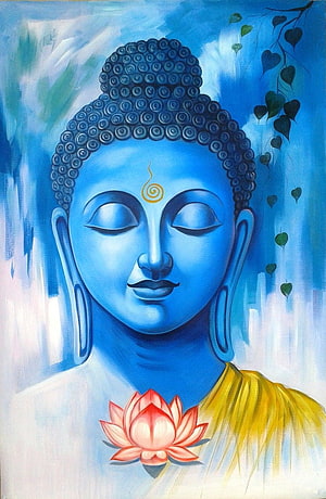 Serene Blue Buddha Portrait with Pink Lotus Flower and Golden Robe HD phone wallpaper