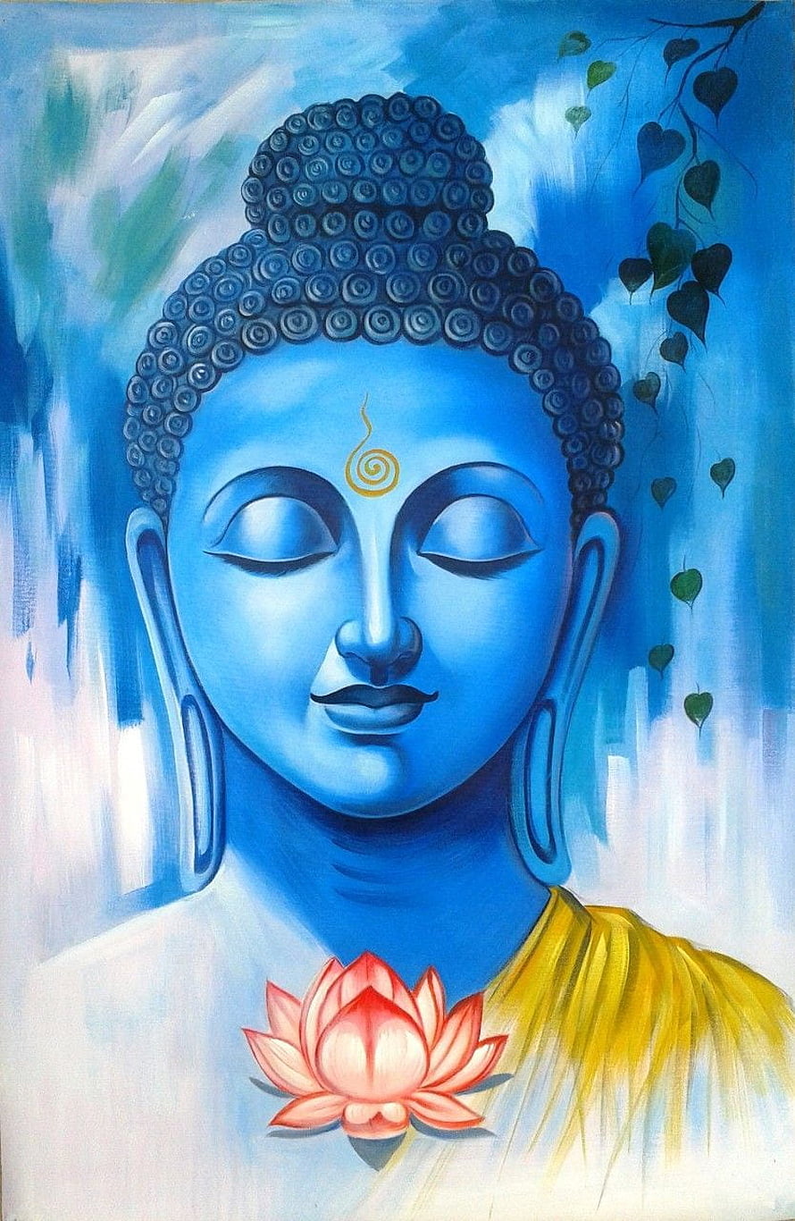 Serene Blue Buddha Portrait with Pink Lotus Flower and Golden Robe HD phone wallpaper