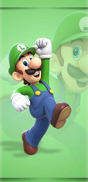 Luigi from Super Mario Bros in a dynamic running pose with a green background HD phone wallpaper