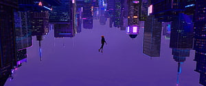 Spider-Verse Character Floating in Cyberpunk Purple Metropolis HD wallpaper
