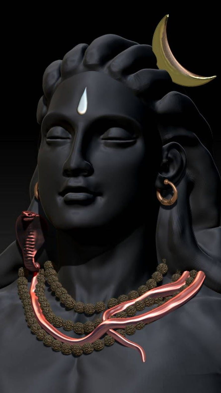 Dark 3D Render of Lord Shiva with Crescent Moon, Cobra, and Rudraksha Beads HD phone wallpaper