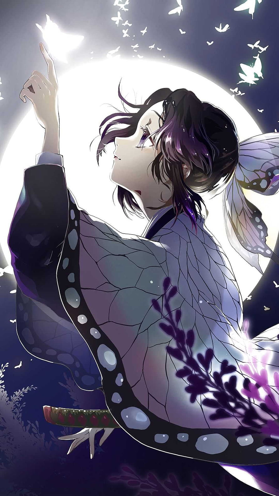 Shinobu Kocho from Demon Slayer Reaching for a Glowing Butterfly Under a Full Moon HD phone wallpaper
