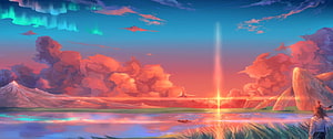 Surreal Fantasy Landscape with Aurora, Dramatic Clouds, and a Luminous Beam of Light HD wallpaper