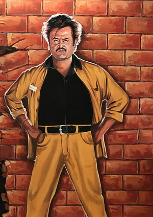 Rajinikanth Baasha Character Portrait in Yellow Suit Against Red Brick Wall HD phone wallpaper
