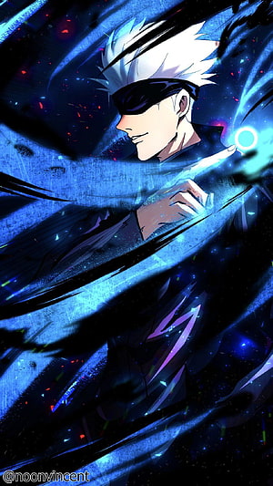 Satoru Gojo from Jujutsu Kaisen in a dynamic blue energy pose with glowing orb and dark background HD phone wallpaper