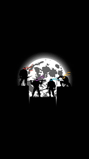 Teenage Mutant Ninja Turtles Silhouettes Against Full Moon Rooftop Artwork HD phone wallpaper
