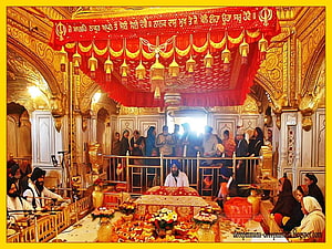 Guru Granth Sahib Ji in the Golden Temple with devotees and ceremonial offerings HD wallpaper