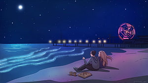 Couple Enjoying Pizza on a Glowing Beach at Night with Ferris Wheel HD wallpaper