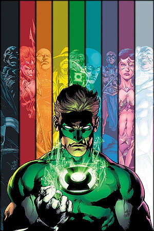 Green Lantern Corps Comic Art Featuring Hal Jordan and Seven Lantern Corps Members HD phone wallpaper