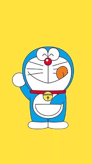 Doraemon Waving Hello on a Bright Yellow Background HD phone wallpaper