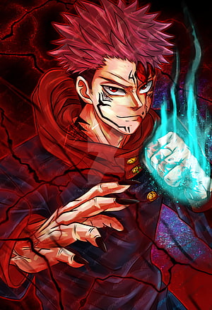 Sukuna Ryomen from Jujutsu Kaisen wielding cursed energy with glowing blue fist and red aura HD phone wallpaper