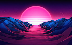 Neon Synthwave Valley with Low-Poly Mountains and Glowing Pink Sun HD wallpaper