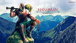 Mighty Hanuman Sitting on Mountain Rock with Gada and Prayer Beads, Angry Hanuman & , Hanuman PC HD wallpaper