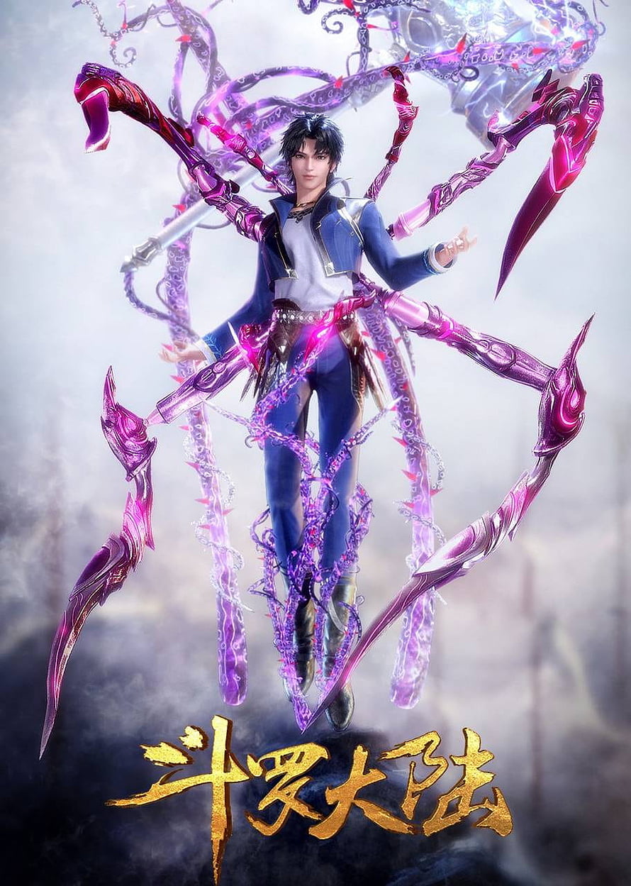 Tang San from Soul Land wielding purple energy blades in a mystical battle stance HD phone wallpaper
