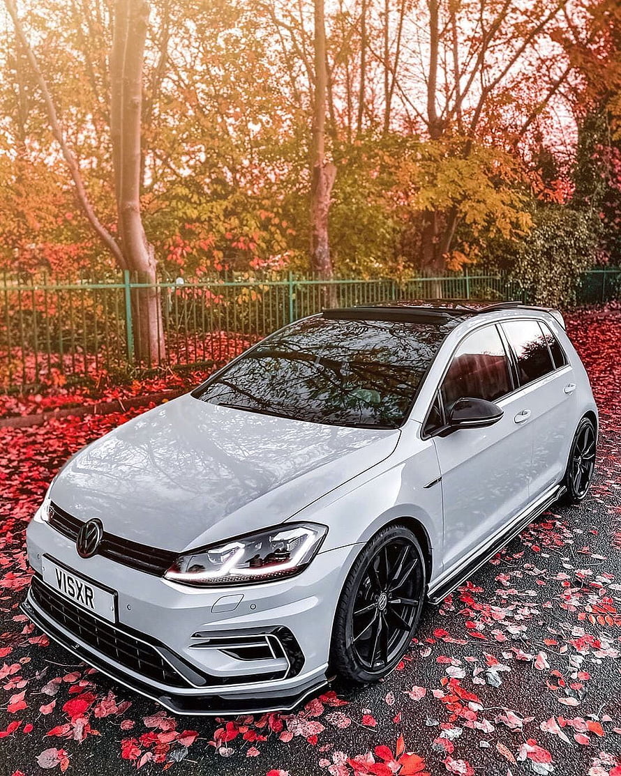 White Volkswagen Golf R GTI in Autumn Forest with Red Leaves HD phone wallpaper