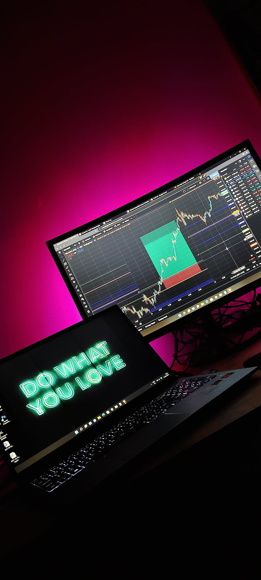 Dual Monitor Trading Setup With Neon Do What You Love Quote HD phone wallpaper