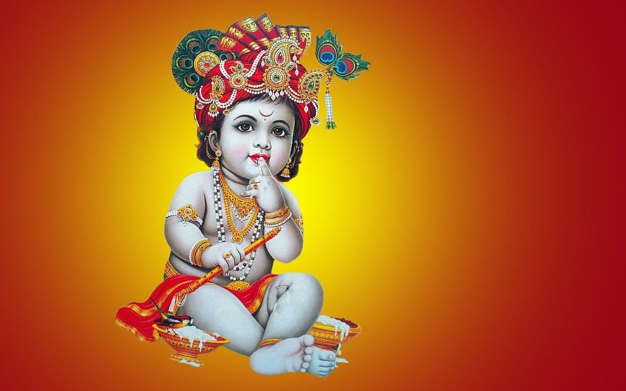 Laddu Gopal Krishna Child Deity Illustration with Peacock Crown and Sweet Offerings HD wallpaper
