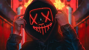 Mysterious Hooded Figure Wearing Glowing Red Neon Mask in Cyberpunk Style HD wallpaper